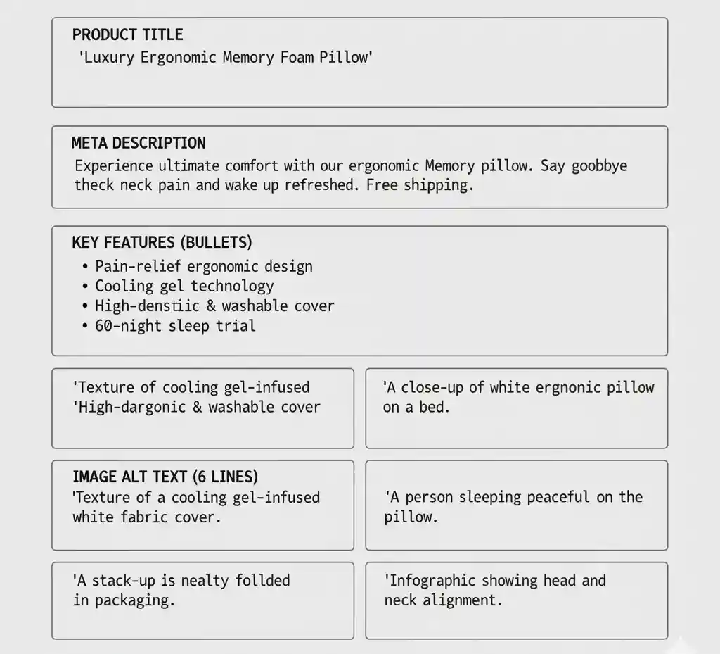 Template for product title, meta description, five SEO bullets, and six image alt text lines